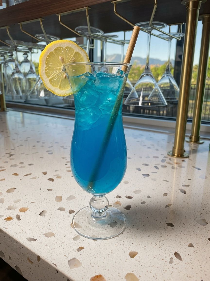 The Blue Lagoon cocktail — Absolut vodka, lemonade and blue curaçao — on the bar top at Back Nine Bistro & Bar