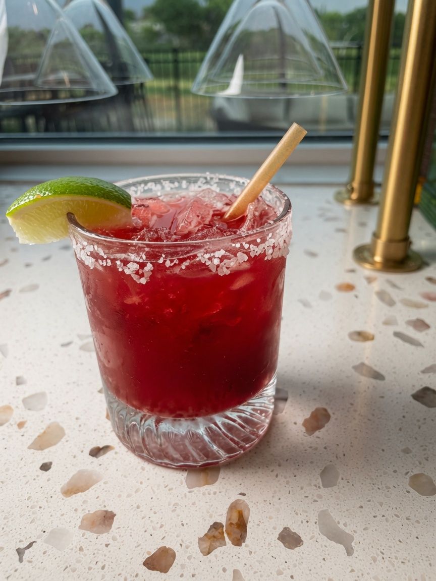 A margarita with a salted rim on the bar at Back Nine Bistro & Bar, with the golf course through the window behind