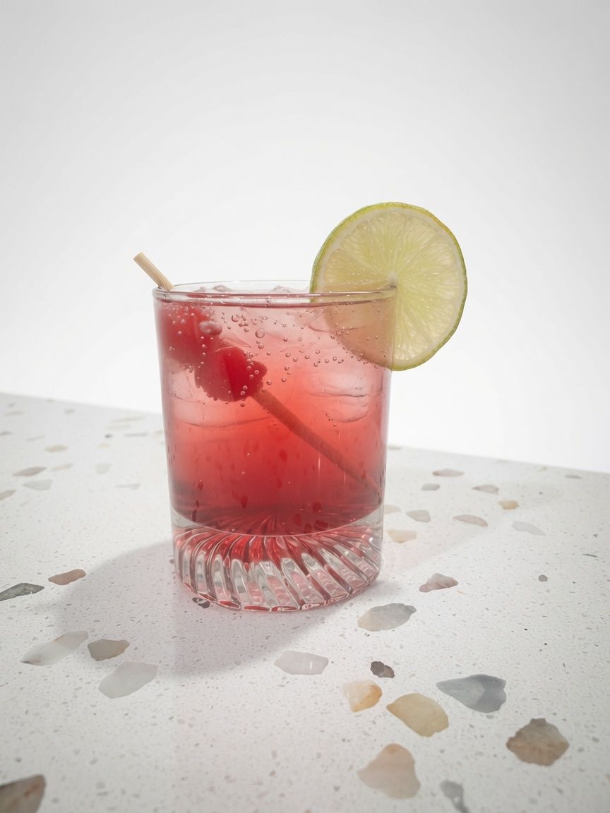 A cherry and lime mocktail over ice at Back Nine Bistro & Bar — the zero-proof list runs $5 to $7
